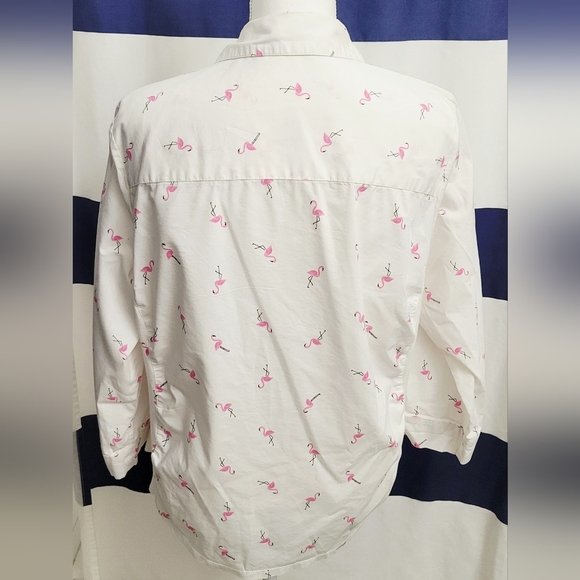 Emily Daniels Women's White Flamingo Print Button-Up Shirt  | Size Large - Picture 2 of 6